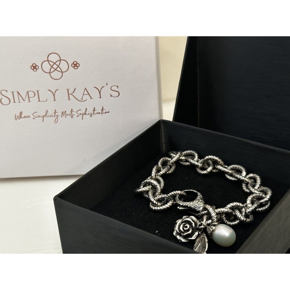 Art Deco Signed Israel PZ 925 Sterling Silver Oxidized Rolo Chain Flower & Pearl